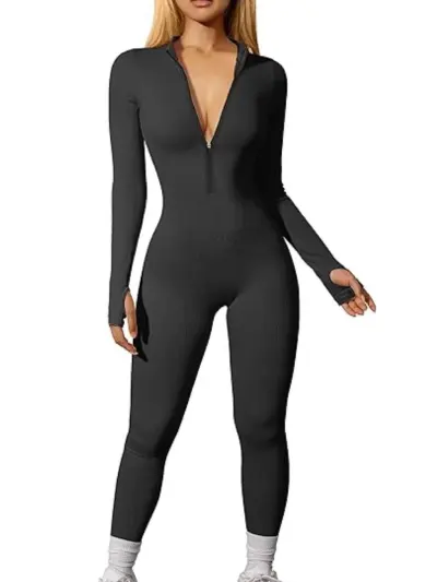 Women's Casual Street Hipster Long Sleeve Zipper Tight Sport Yoga Jumpsuit