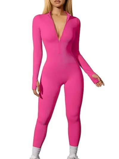 Women's Casual Street Hipster Long Sleeve Zipper Tight Sport Yoga Jumpsuit