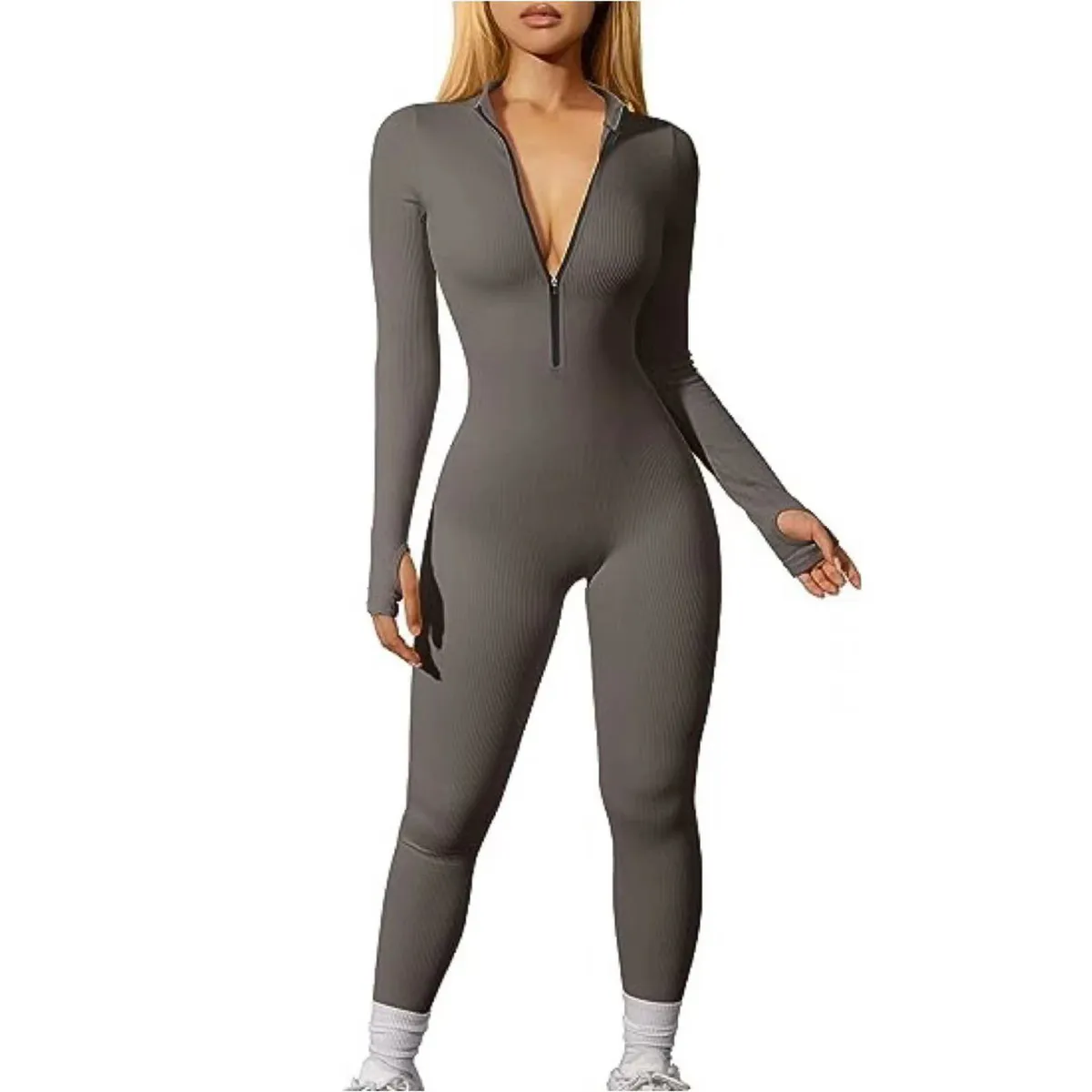Women's Casual Street Hipster Long Sleeve Zipper Tight Sport Yoga Jumpsuit