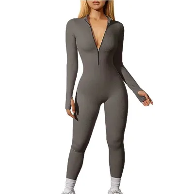 Women's Casual Street Hipster Long Sleeve Zipper Tight Sport Yoga Jumpsuit