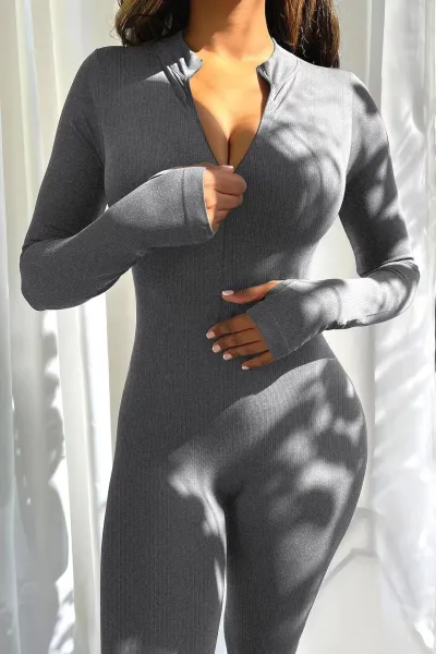 Women's Casual Street Hipster Long Sleeve Zipper Tight Sport Yoga Jumpsuit