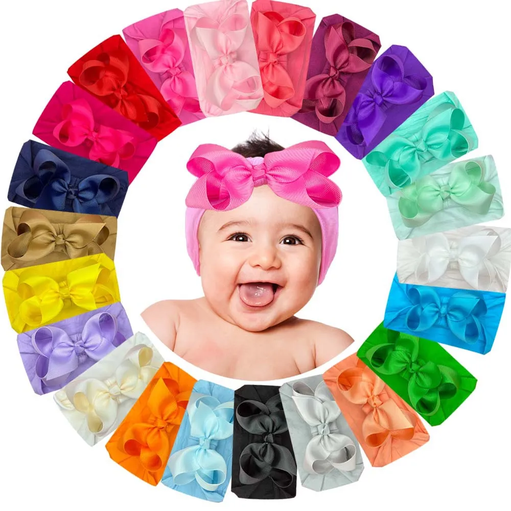 Baby Cute Solid Color Plaid Bow Hair Band Cloth Nylon Ribbed Belt