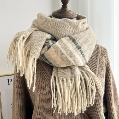Winter Women Fashion Thickened Warm Tassel Stripe Imitation Cashmere Scarf