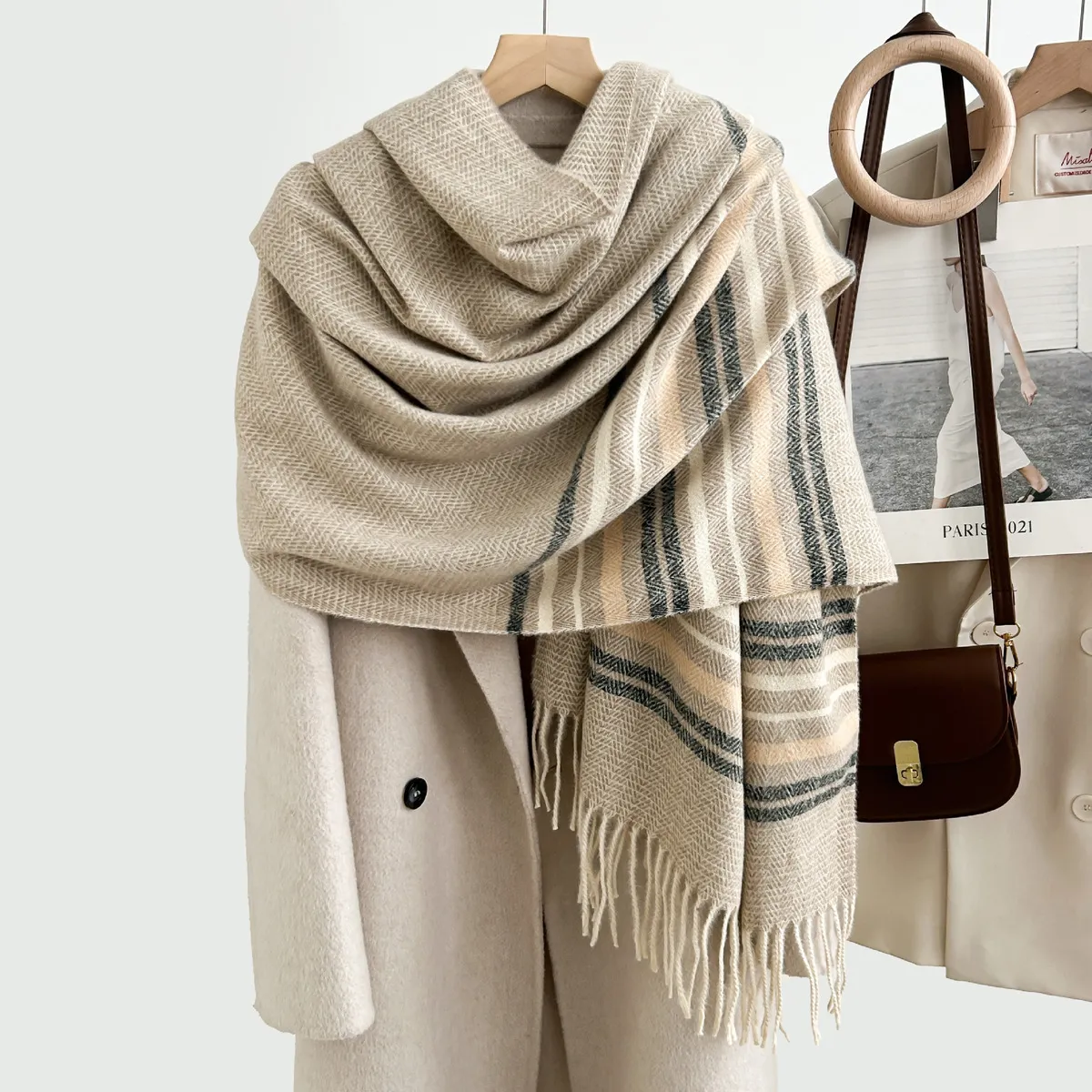 Winter Women Fashion Thickened Warm Tassel Stripe Imitation Cashmere Scarf
