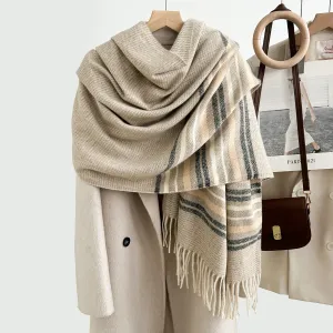Winter Women Fashion Thickened Warm Tassel Stripe Imitation Cashmere Scarf
