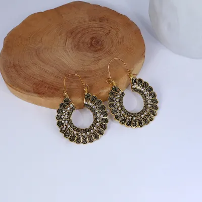 Women Retro Ethnic Moon Devil Eye Crystal Pendant Earrings