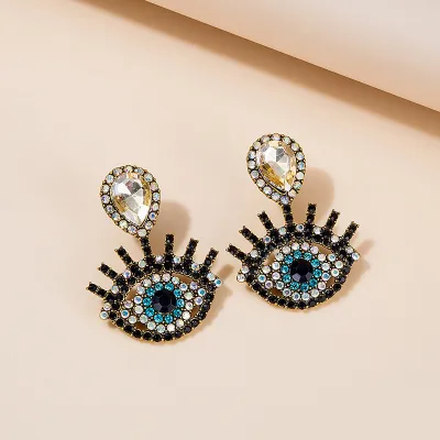 Women Retro Ethnic Moon Devil Eye Crystal Pendant Earrings