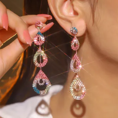 Women Fashion Exaggerated AB Rhinestone Long Drop Earrings