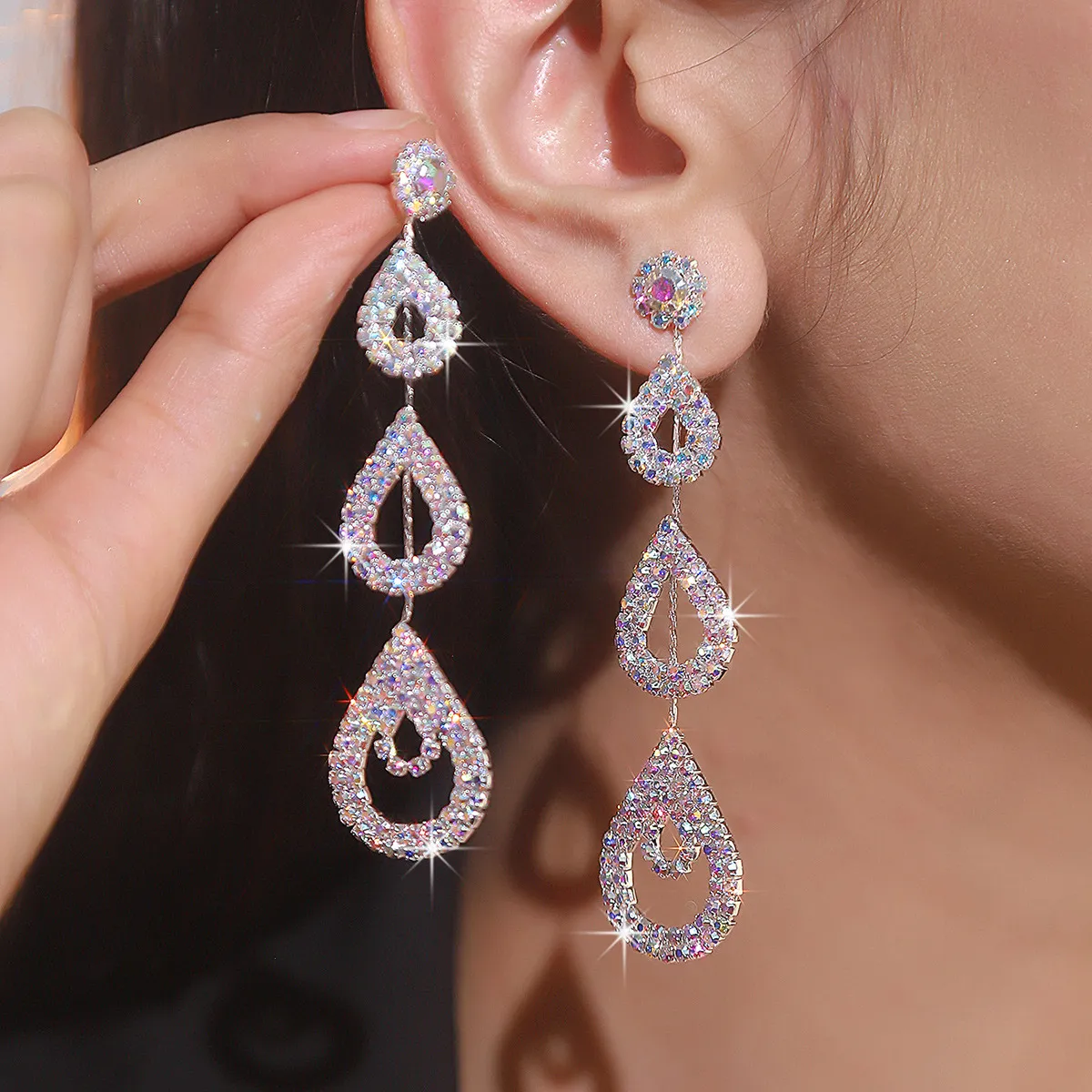 Women Fashion Exaggerated AB Rhinestone Long Drop Earrings