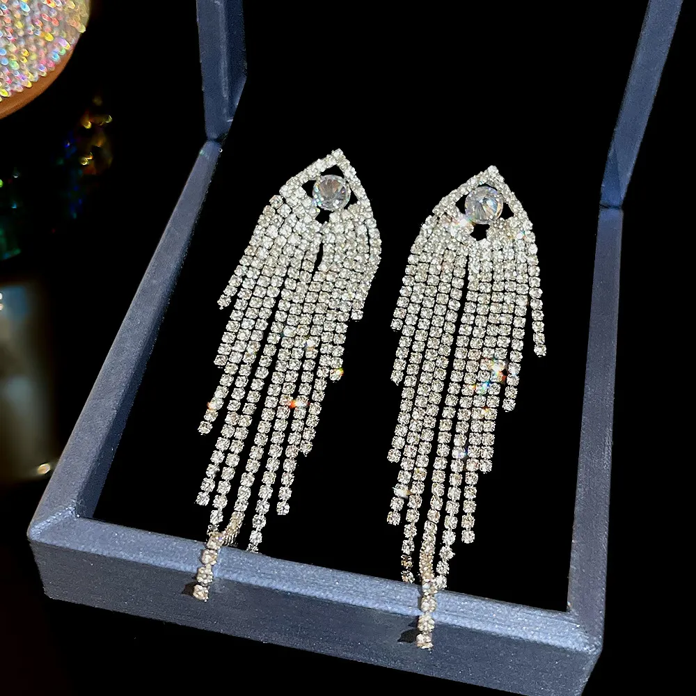 Women Fashion Super Flash Diamond Long Tassel Earrings
