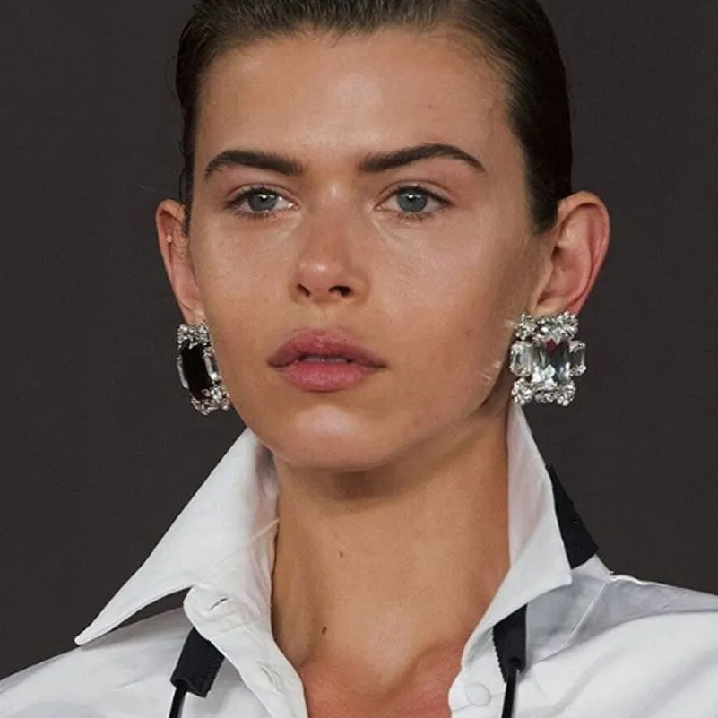 Women Simple Geometric Square Rhinestone Clip On Earrings