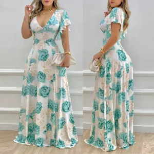Autumn Women Elegant V-Neck Sexy Floral Printed Large Swing High Waist Casual Maxi Dress