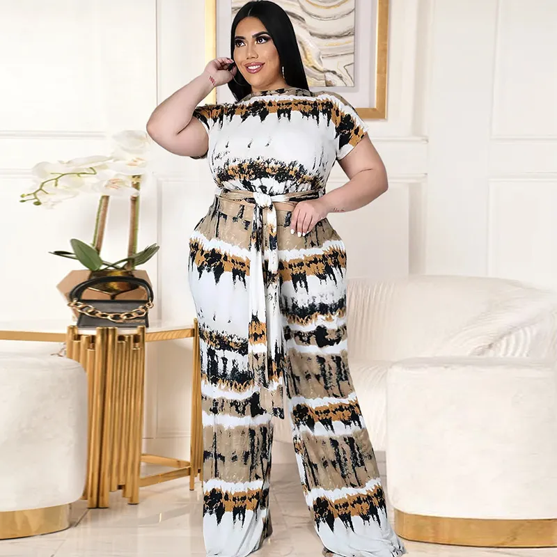 Plus Size Women Tie Dye Printed Short Sleeve Top with Pocket and Comfortable Wide-Leg Pants Two-Piece Set