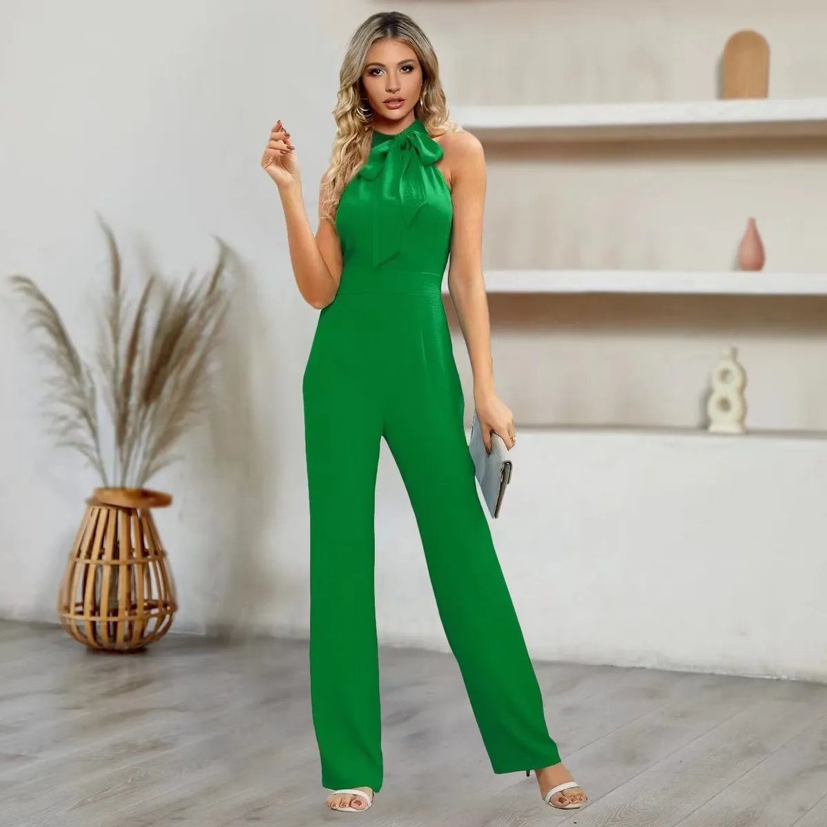 Women Summer Casual Solid Color Sleeveless Bow Collar High Waist Straight Jumpsuits
