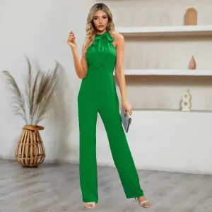 Women Summer Casual Solid Color Sleeveless Bow Collar High Waist Straight Jumpsuits