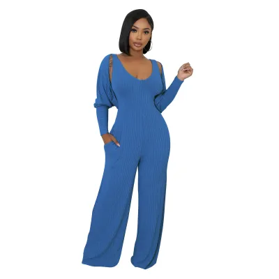Women Fashion Solid Color Deep V Sleeveless Wide Leg Jumpsuits Long Sleeve Shawl Set
