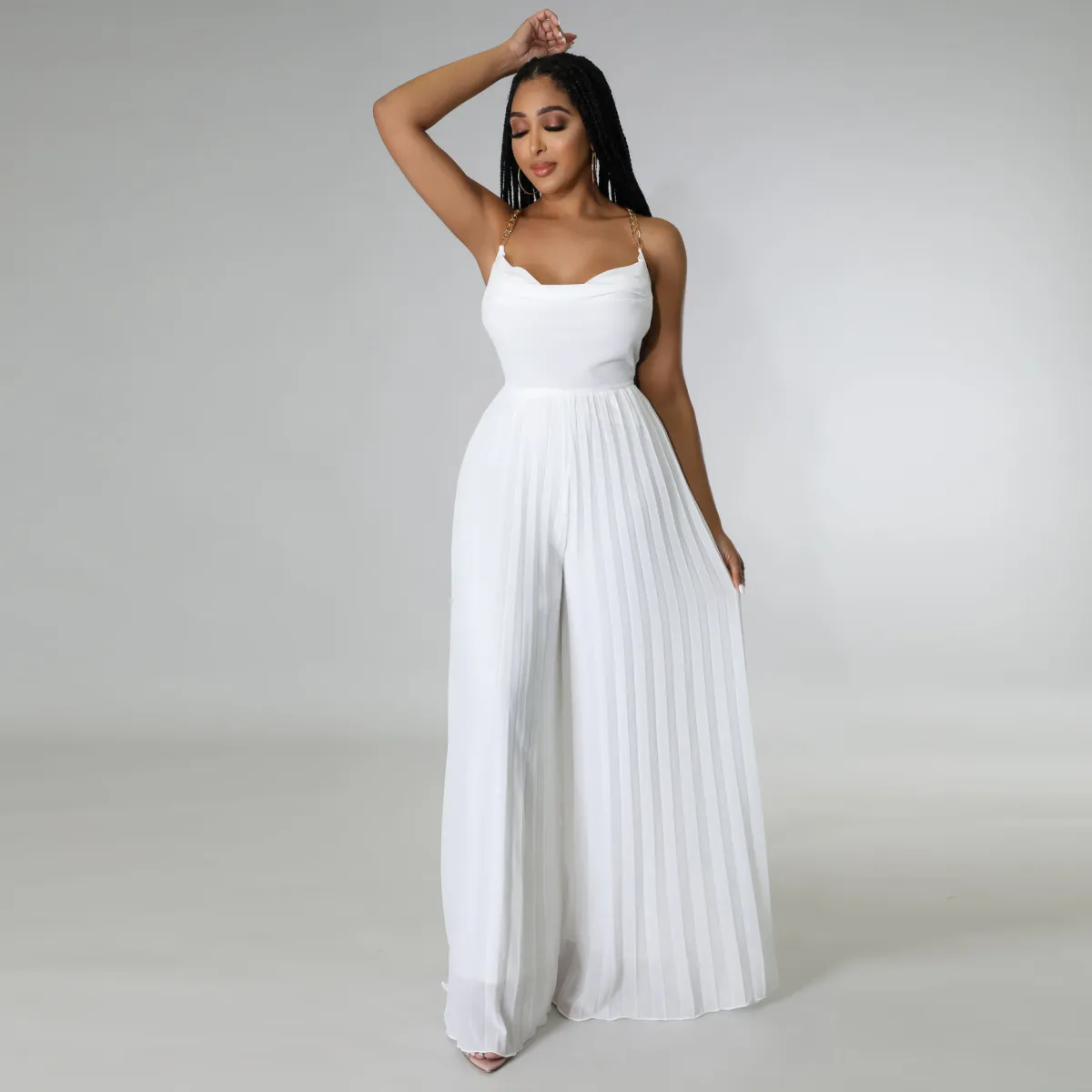 Summer Women Casual Solid Color Chain Strap Backless Pleated Wide Leg Jumpsuits