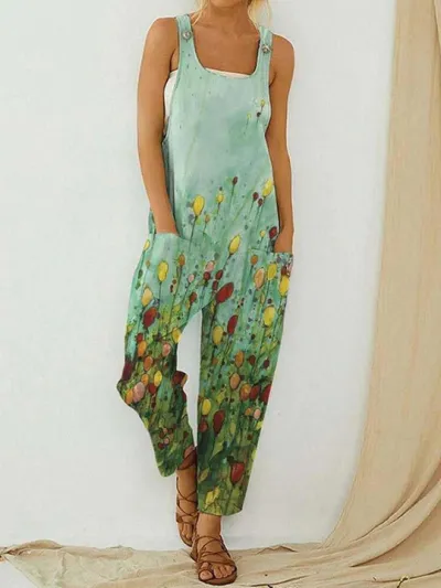 Summer Women Casual Abstract Printed Strap Jumpsuit