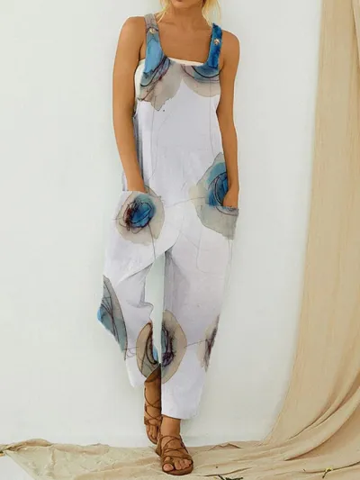 Summer Women Casual Abstract Printed Strap Jumpsuit