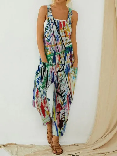 Summer Women Casual Abstract Printed Strap Jumpsuit