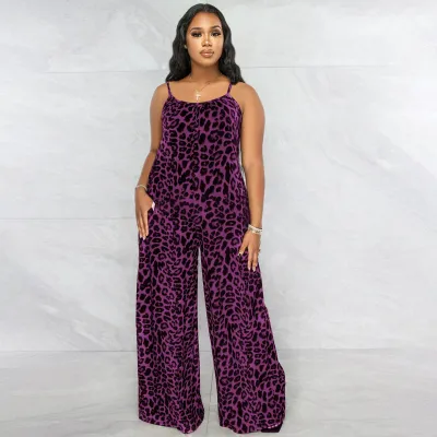 Summer Women Casual Leopard Printed Sling Wide Leg Jumpsuits