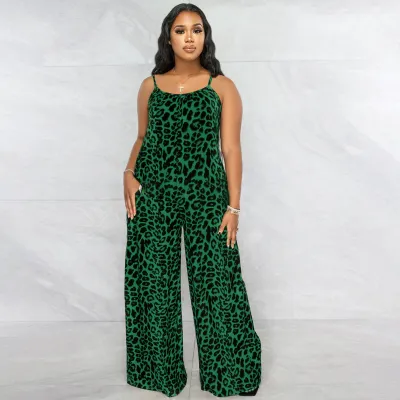 Summer Women Casual Leopard Printed Sling Wide Leg Jumpsuits