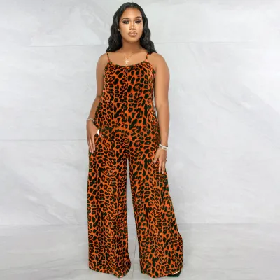 Summer Women Casual Leopard Printed Sling Wide Leg Jumpsuits