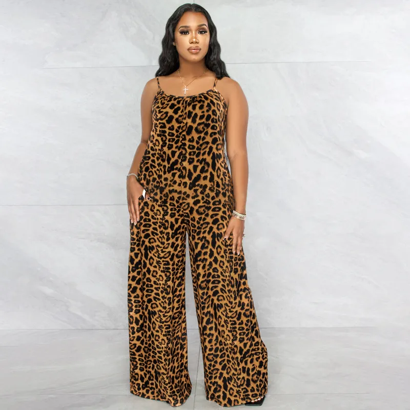 Summer Women Casual Leopard Printed Sling Wide Leg Jumpsuits