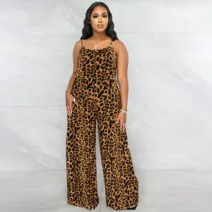 Summer Women Casual Leopard Printed Sling Wide Leg Jumpsuits