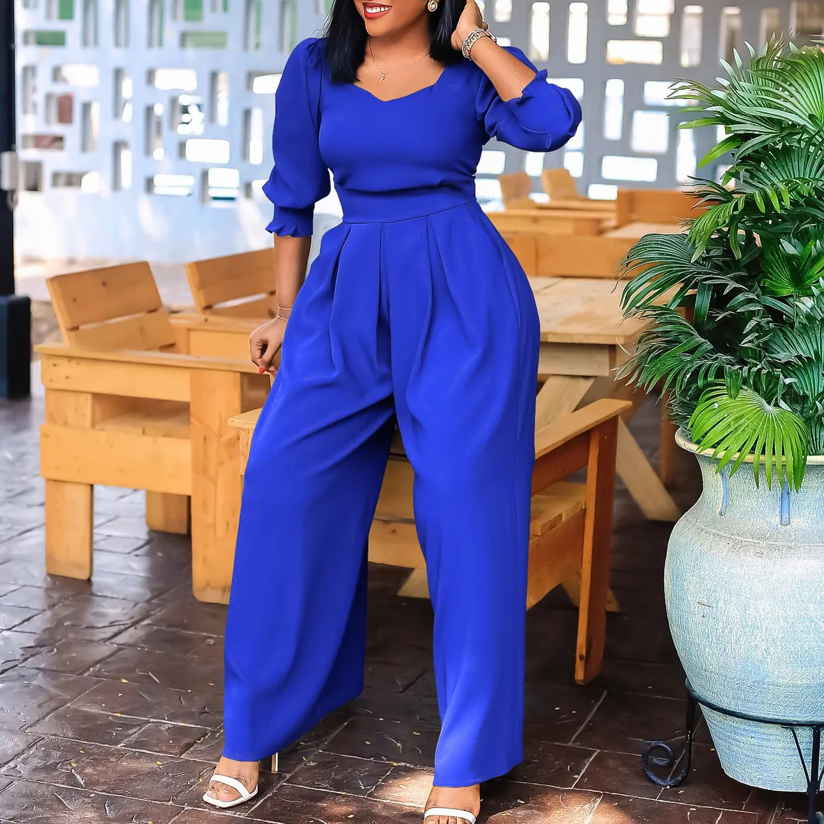 Women Casual Solid Color Long Sleeve Loose Wide Leg Jumpsuit