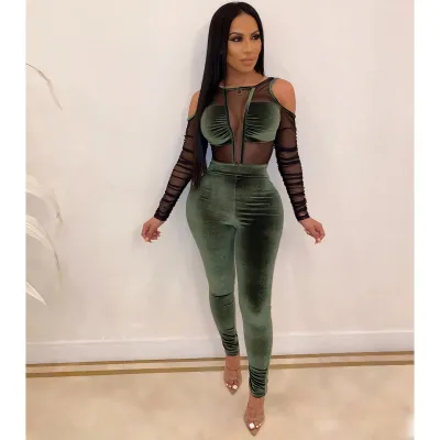 Women Fashion Sexy Mesh Velvet Stitching Long Sleeve Jumpsuits