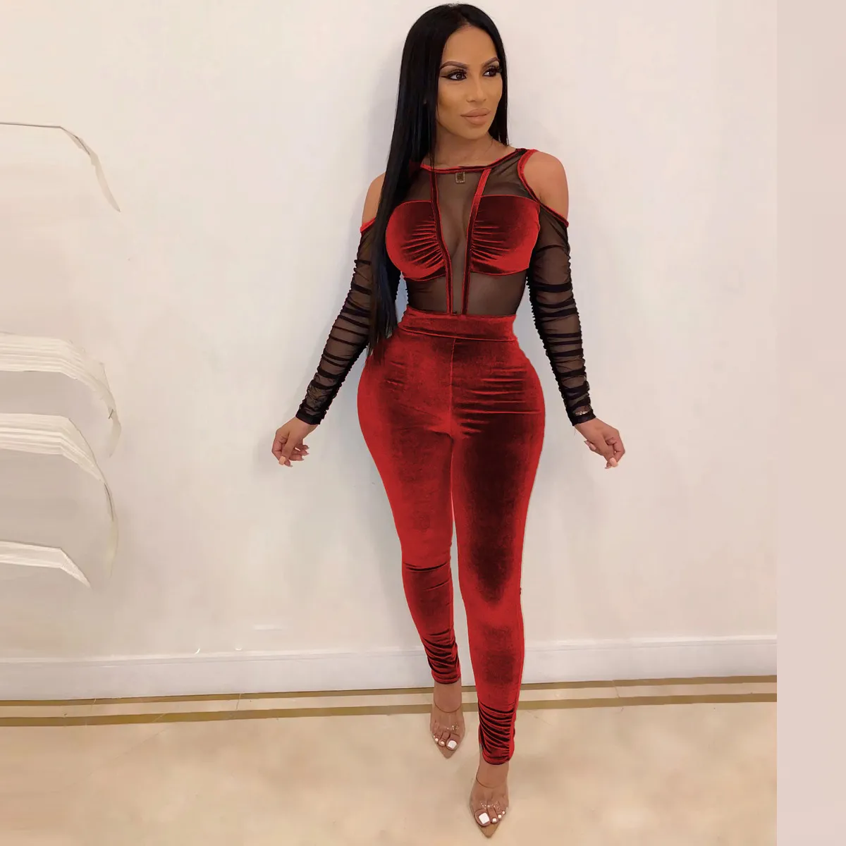 Women Fashion Sexy Mesh Velvet Stitching Long Sleeve Jumpsuits
