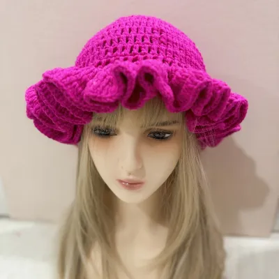 Autumn Winter Women Fashion Solid Color Ruffled Crocheted Wool Beanie Hat