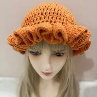 Autumn Winter Women Fashion Solid Color Ruffled Crocheted Wool Beanie Hat