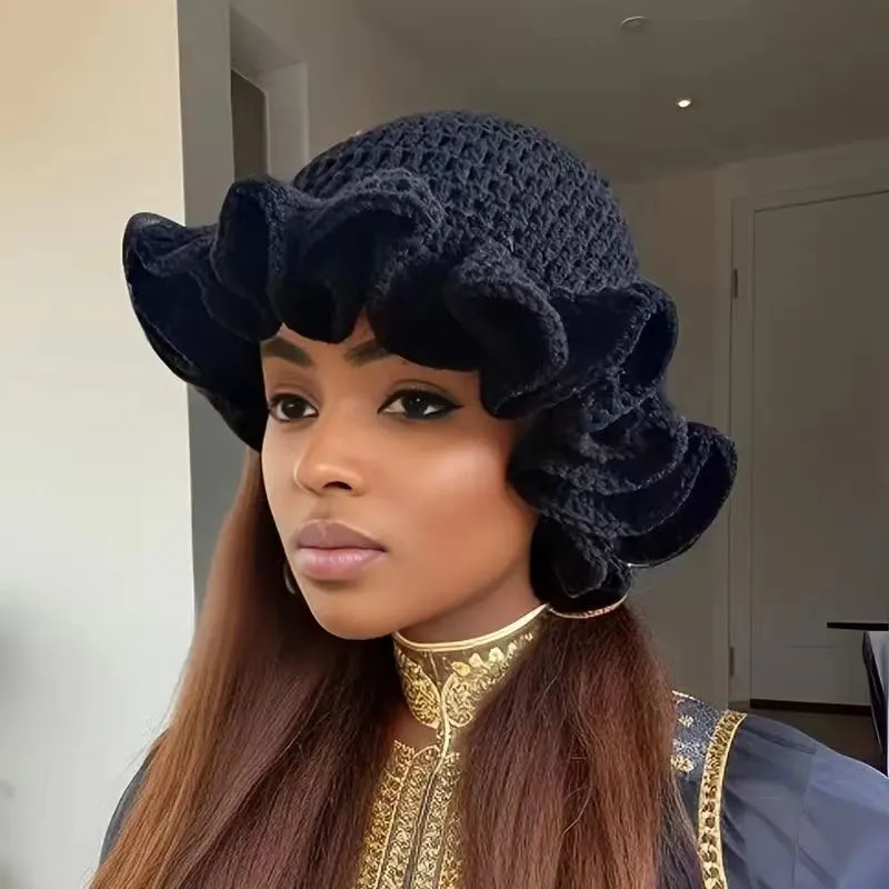 Autumn Winter Women Fashion Solid Color Ruffled Crocheted Wool Beanie Hat