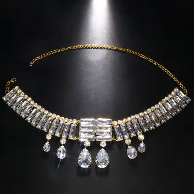 Women Fashion Exaggerated Drop Rhinestone Pendant Necklace Diecast Bamboo Chain