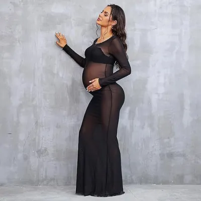 Pregnant Women Fashion Sexy High Stretch Mesh Perspective Round Neck Long Sleeve Dress