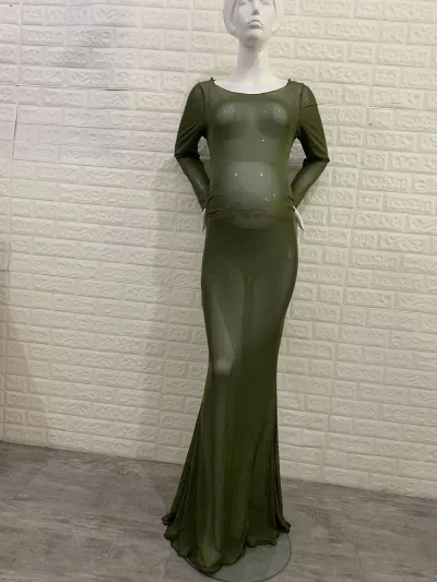 Pregnant Women Fashion Sexy High Stretch Mesh Perspective Round Neck Long Sleeve Dress