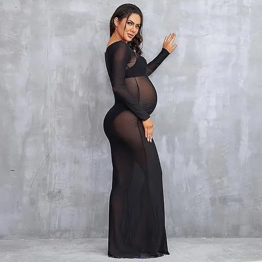 Pregnant Women Fashion Sexy High Stretch Mesh Perspective Round Neck Long Sleeve Dress
