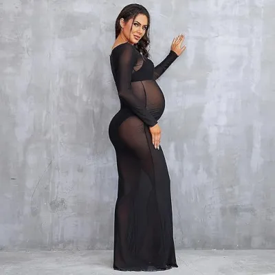 Pregnant Women Fashion Sexy High Stretch Mesh Perspective Round Neck Long Sleeve Dress