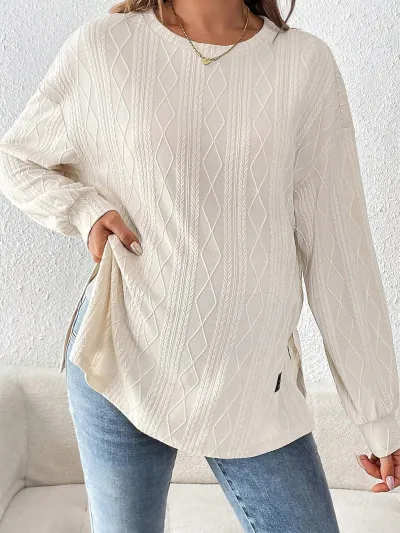 Pregnant Women Casual Solid Color Textured Crewneck Long Sleeve Split Top