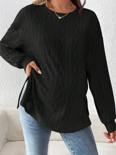 Pregnant Women Casual Solid Color Textured Crewneck Long Sleeve Split Top