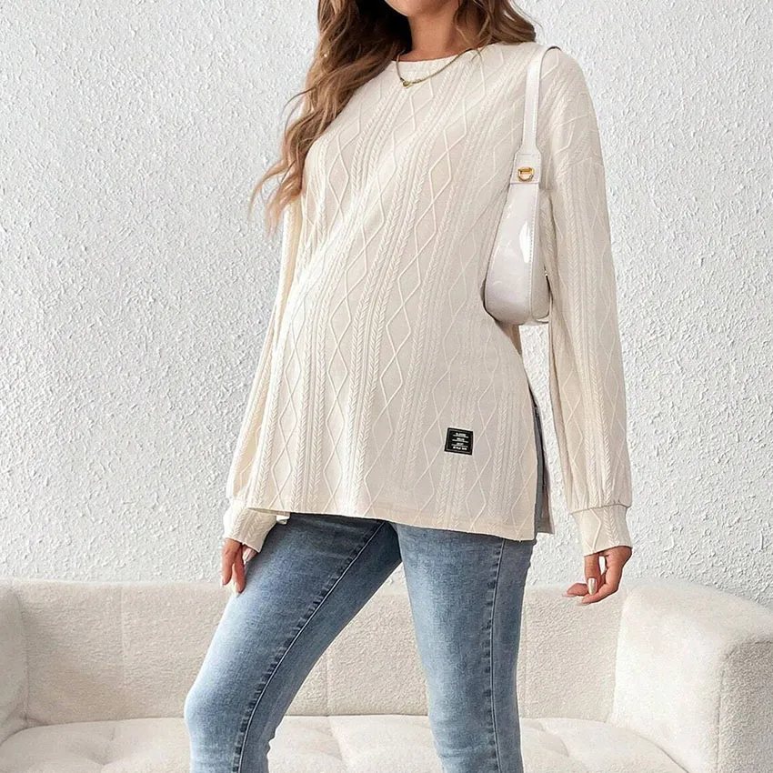 Pregnant Women Casual Solid Color Textured Crewneck Long Sleeve Split Top