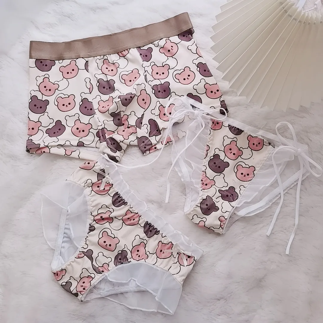 Cartoon Cute Bear Lace Semi-Transparent Couple Panties