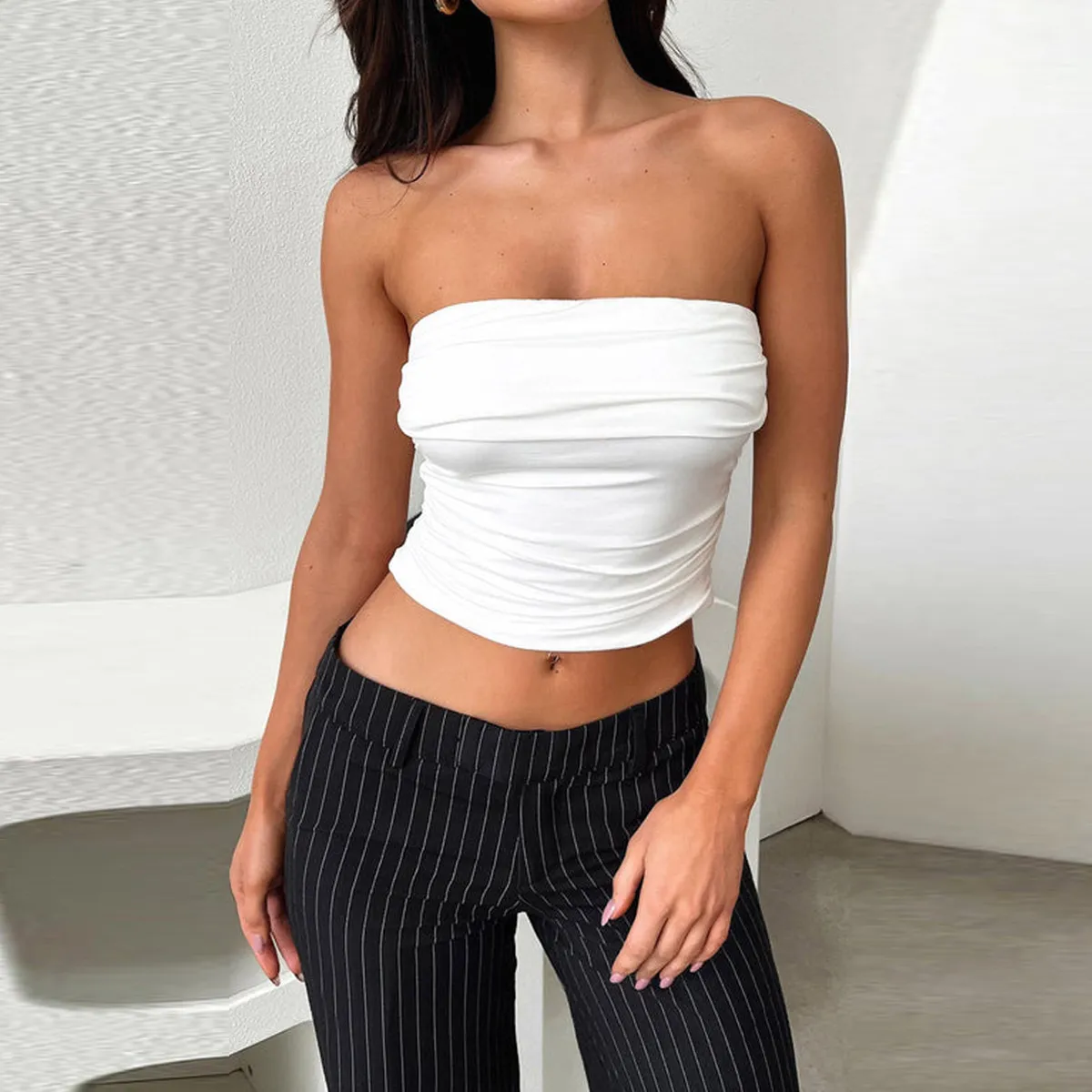 Summer Women Fashion Sexy Solid Color Strapless Tube Top