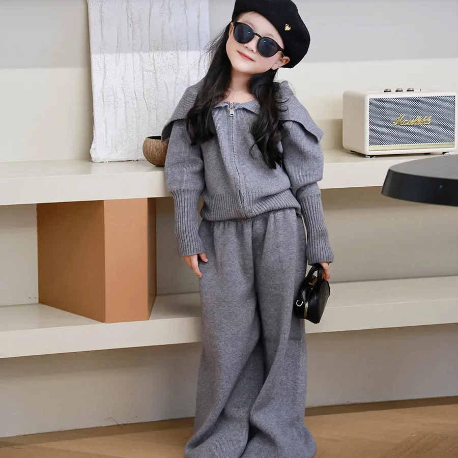 Girls Fashion Casual Lapel Long Sleeve Zipper Knitted Cashmere Sweater Pants Two Piece Set Winter Autumn Thickened