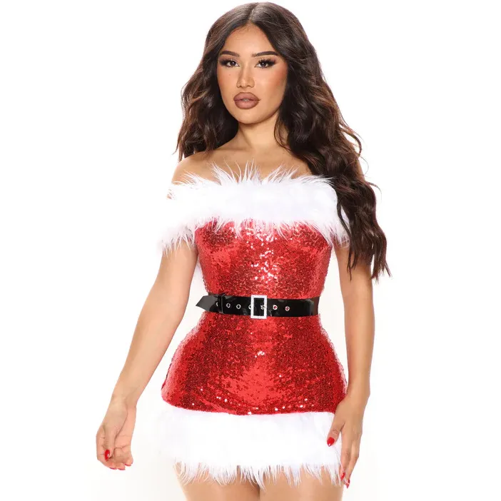 Women Sexy Sequin Plush Strapless Christmas Party Dress
