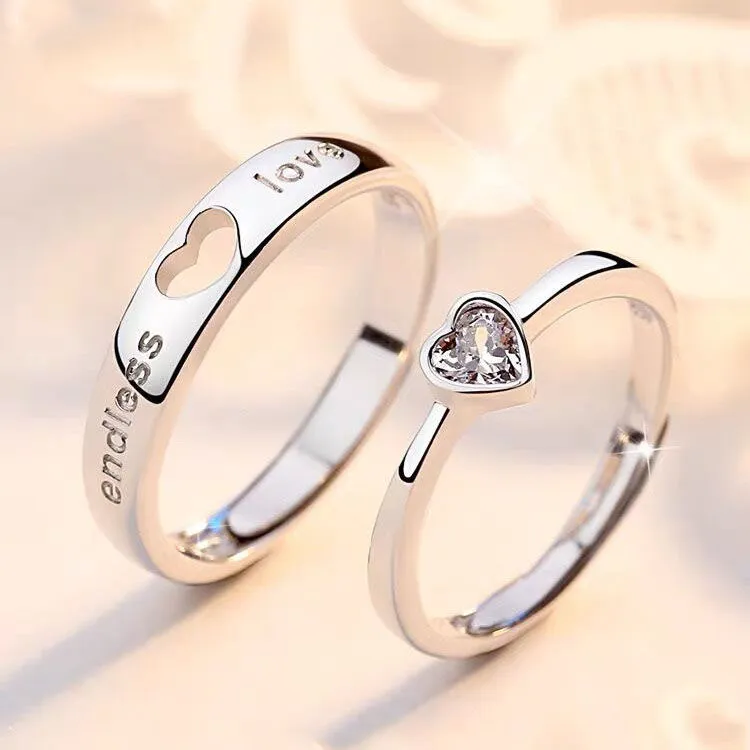 Simple Fashion Couple Ring with Heart and Leaf Design