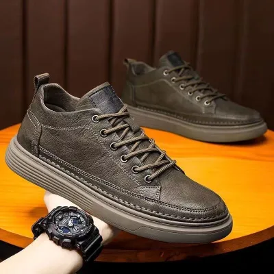Men Fashion Lace Up Thick Soled PU Leather Board Shoes