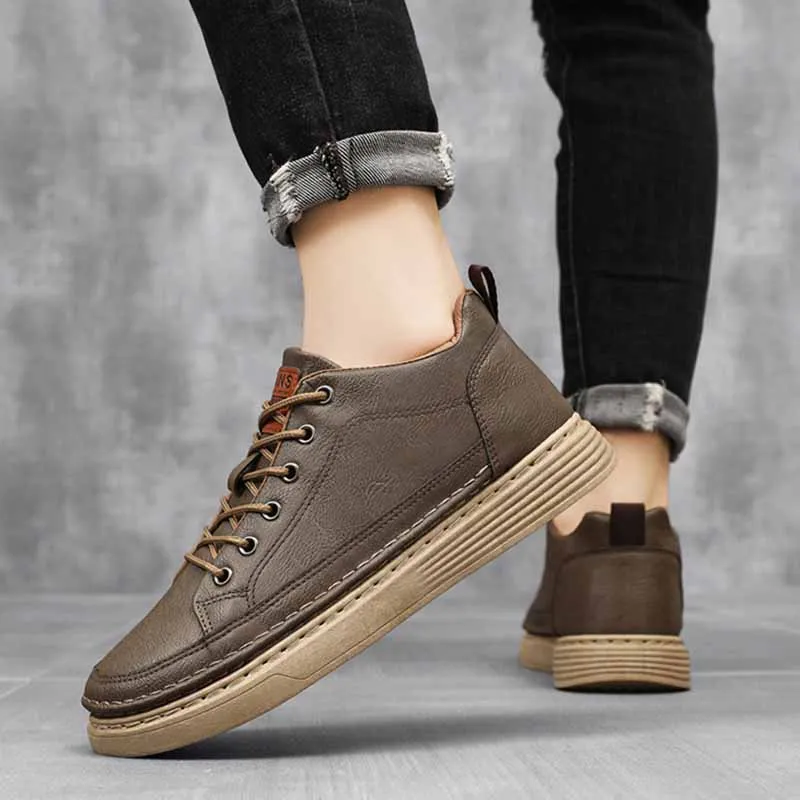 Men Fashion Lace Up Thick Soled PU Leather Board Shoes
